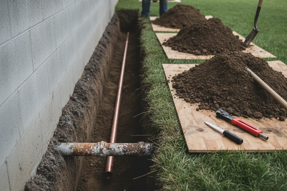 Excavated water line trench during Water Softener Installation in New Sharon
